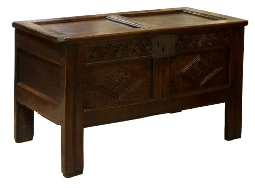 Mid 17thc Panelled Oak Coffer with Carved Running Strap Work C1650