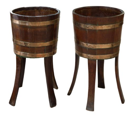 19thc Pair of George III Style Brass Bound Coopered Teak Jardinieres