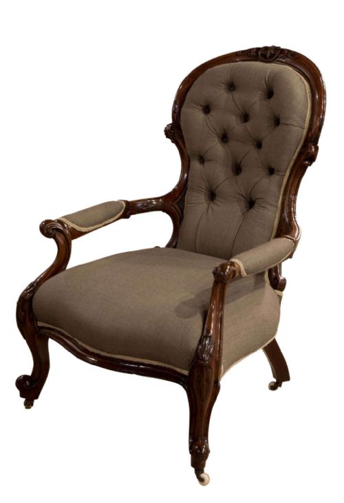 Victorian Walnut Open Armchair Upholstered in Grey Fabric
