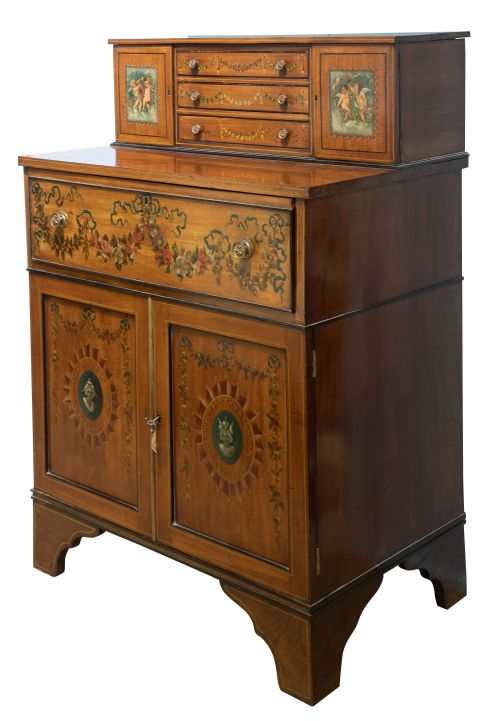 Late 19thc Hand Painted Satinwood/mahogany Secretaire & Navy Leather