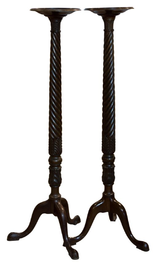 Pair of Elegant Late 19thc Carved Mahogany Torcheres
