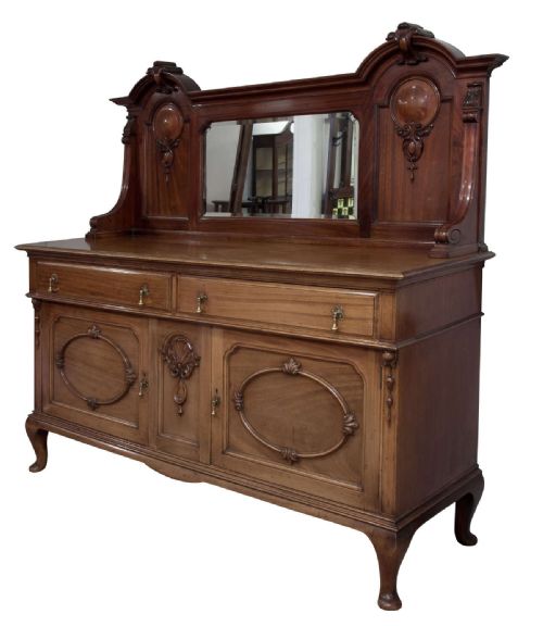 Edwardian Walnut Sideboard with Mirror Back & 2 Cutlery Drawers C1905