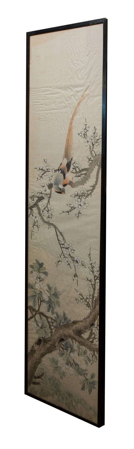 Chinese Watercolour on Silk of an Exotic Bird Amongst Flowering Cherry