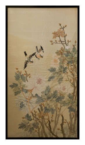 Chinese Watercolour on Silk of Small Birds Amongst Blossom C1930