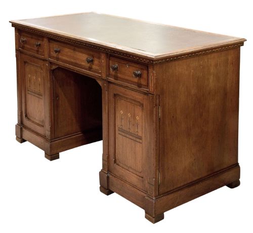 Inlaid Walnut Arts & Crafts Kneehole Desk with 3 Drawers C1890