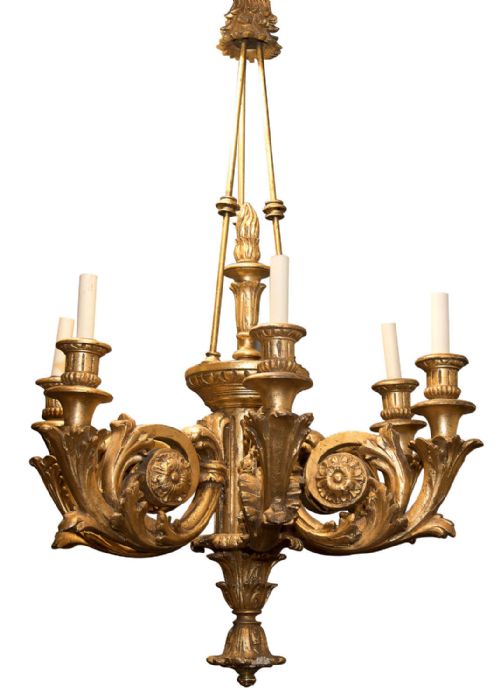 Large Carved Giltwood 6 Arm Chandelier C1920 (Rewired)