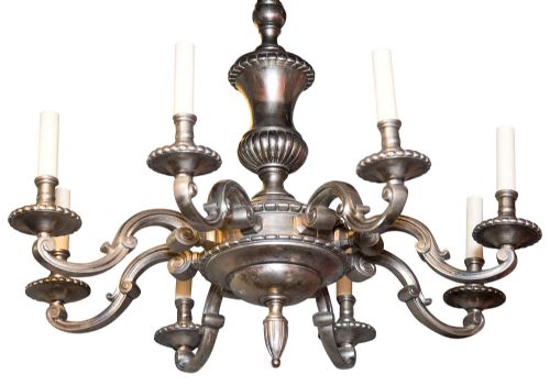 Large 8 Light Silver Metal Chandelier in 18thc Style C1930 (Rewired)