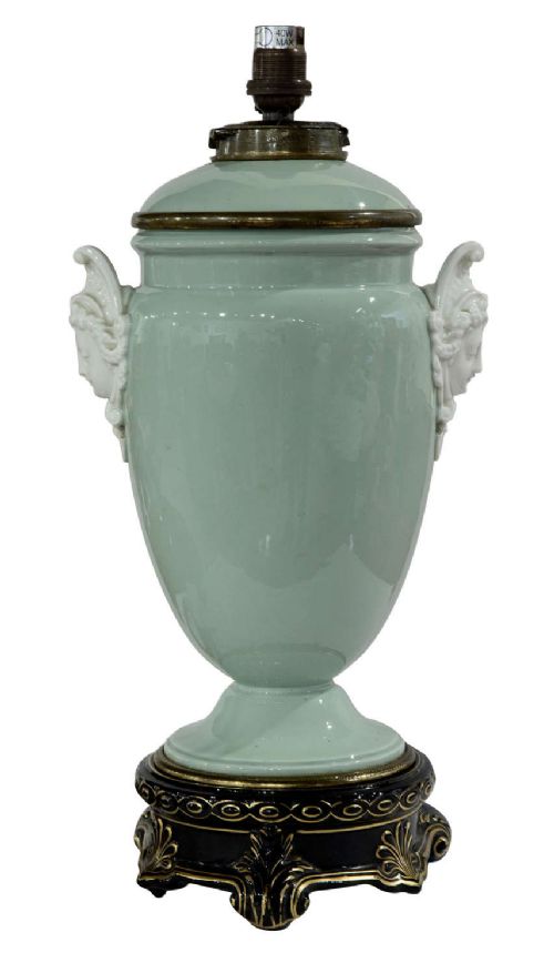 19thc Oil Lamp in Pale Green with Black & Gilt Base (Rewired)