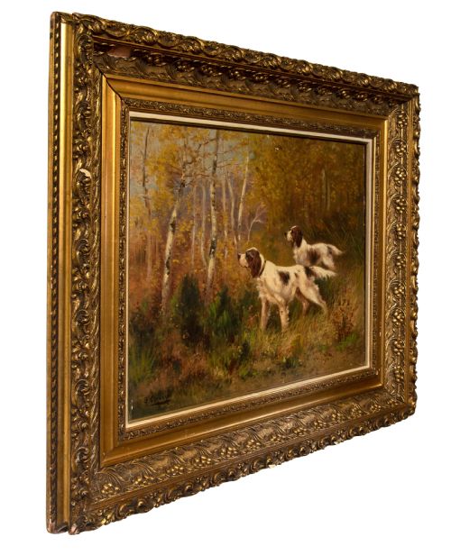 Fine Oil Painting on Canvas of Two Setters in a Woodland Setting C1920