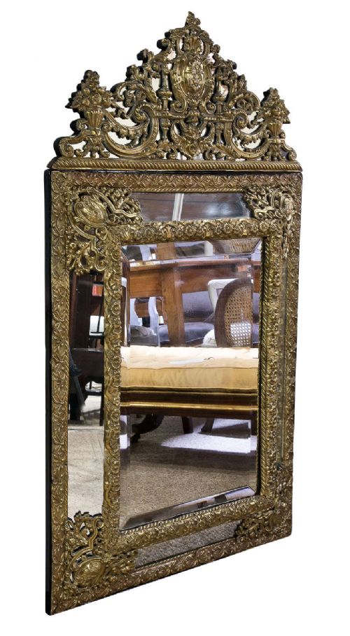 Continental Repousse Brass Mirror 19thc