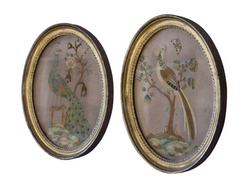 Pair of George III Oval Silk Pictures