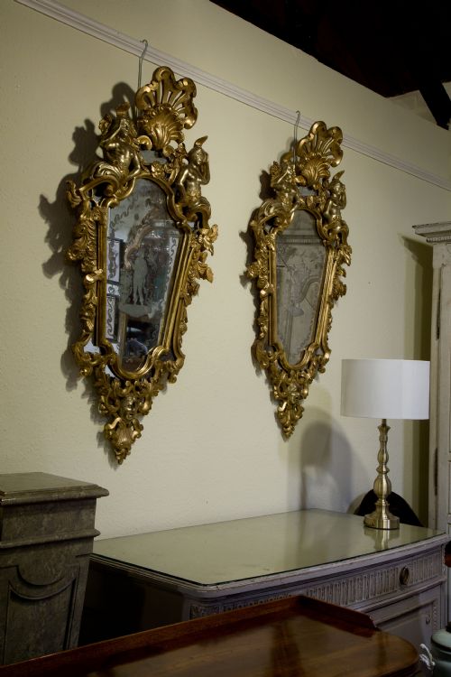 Pair of Italian Gilded Mirrors with Cherub Decoration