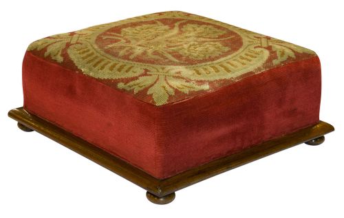 Victorian Mahogany Footstool with Needlework and Velvet Cover