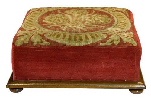 Victorian Mahogany Footstool with Needlework and Velvet Cover