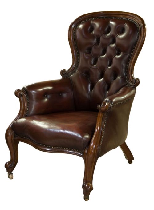 Victorian Mahogany Leather Upholstered Spoonback Chair