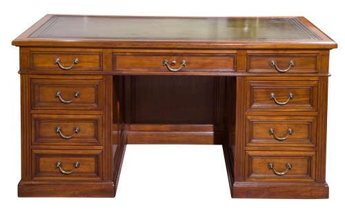 Panelled Mahogany Pedestal Desk with Green Hide Leather Top