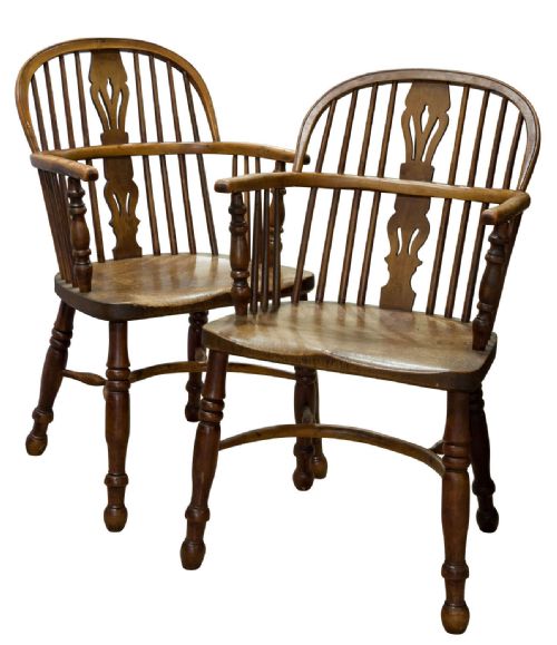 A Pair of Hoop-back Yew Wood and Elm Seated Windsor Chairs