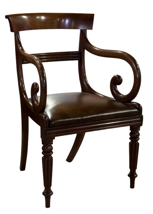Mahogany Scroll Arm Chair with Brown Leather Seat