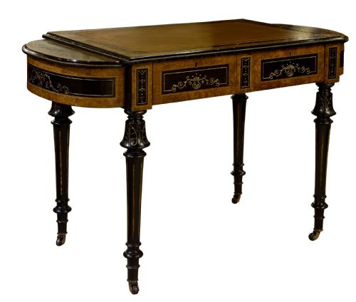 19th Century Burr Walnut & Ebonised Leather Topped Desk