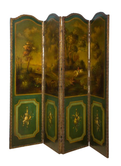 19th Century 4 Fold Screen Painted with a Hunting Scene