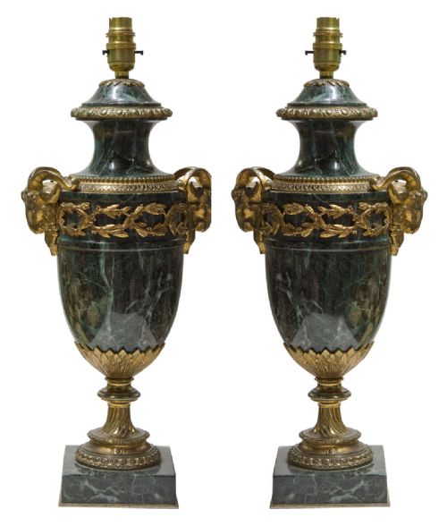 Pair of Green Marble Gilt Metal Mounted Table Lamps 19thc