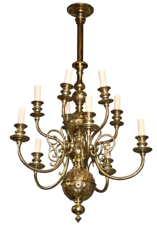 Brass Dutch Style 2 Tier Chandelier with Engraved Decoration & 10 Arms