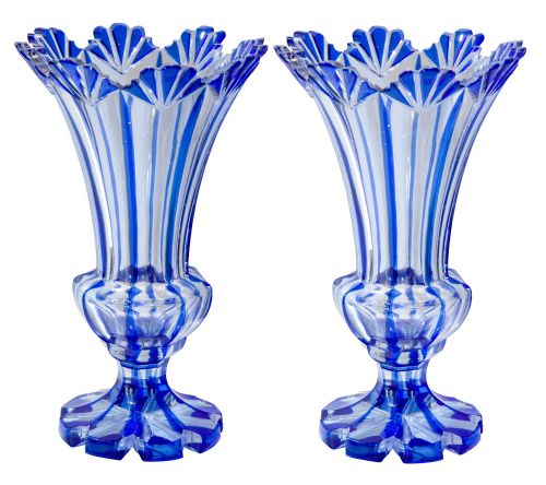 Pair of Blue Flash Overlay Glass Vases