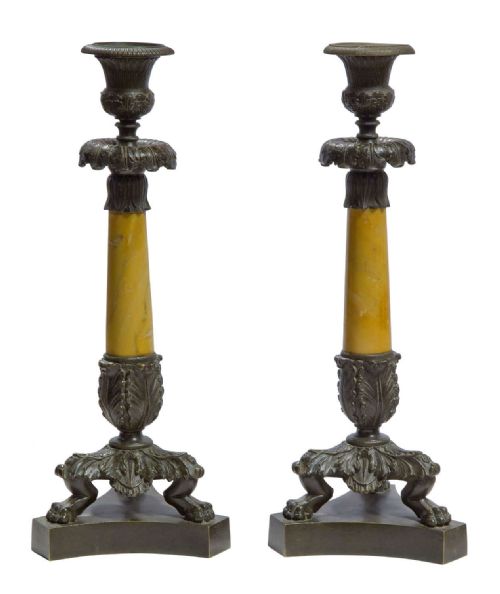A Pair of Charles X Bronze and Sienna Marble Candlesticks