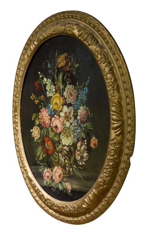 19thc Oval Oil of Still Life of Flowers
