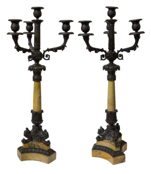 Pair of Charles X Bronze & Giallo Sienna Marble Candelabra