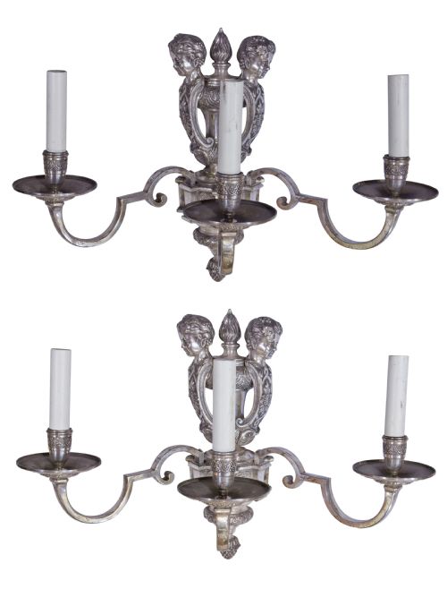 A Pair of Silvered Knowle Style 3 Arm Wall Lights