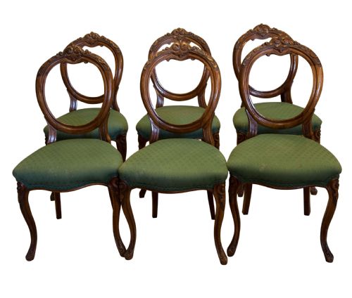 Set of 6 Carved Walnut Balloon Back Chairs
