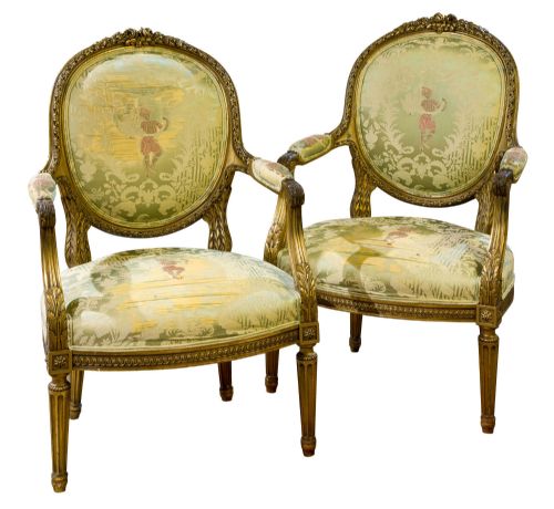A Pair of 19thc Gilded Oval Back Louis Xvi Style Chairs