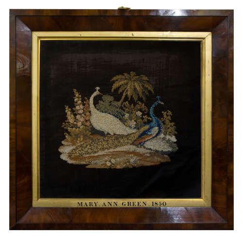Victorian Needlework on Velvet of Peacocks