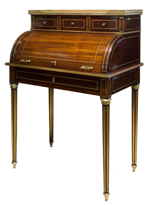 French 19thc Louis Xvi Style Brass Inlaid Cylinder Desk
