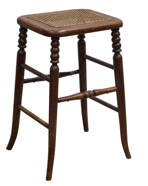 A Beech Framed Tall Stool with Caned Top on Slender Turned Legs