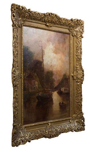 Oil on Canvas "Evening Canal Scene" C1900
