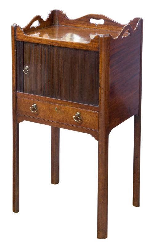 FINE UNUSUAL GEO III MAHOGANY TAMBOUR NIGHT STAND