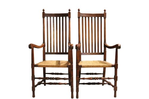 Pair of Oak Arts & Crafts High Slat Back Carver Chairs