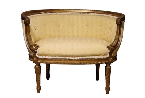 Small Giltwood Boudoir Sofa with Buttoned Curved Back, Circa 1900