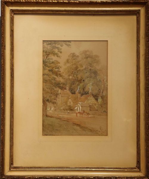 fig 1. An antique watercolour painting depicting a rural English scene with cottages nestled among trees and a horse-drawn cart on a dirt road, set within a beige mount.