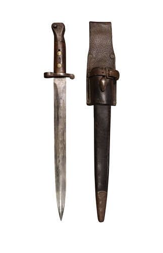 fig 1. A late Victorian Lee-Metford pattern bayonet shown housed in a leather scabbard with an attached leather belt frog.