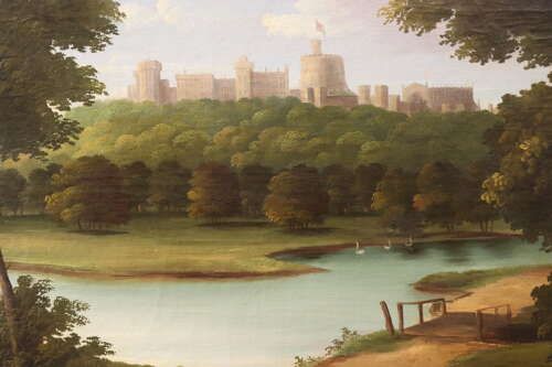 fig 1. An antique 19th-century oil painting on canvas depicting Windsor Castle atop a distant hill framed by trees and a river in the foreground.