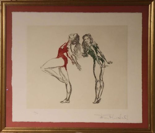 fig 1. A figurative monochrome print featuring two ballet dancers, one wearing a red leotard arching backwards and one in a dark leotard looking forward, on a cream paper background.