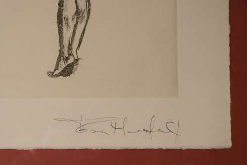 fig 2. A figurative monochrome print featuring two ballet dancers, one wearing a red leotard arching backwards and one in a dark leotard looking forward, on a cream paper background.