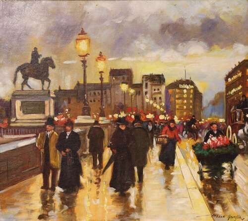 fig 1. An impressionist oil painting depicting a rainy Parisian street near the Pont Neuf with figures and gas lamps, presented in a moulded gilt frame.