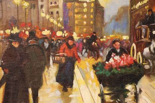 fig 2. An impressionist oil painting depicting a rainy Parisian street near the Pont Neuf with figures and gas lamps, presented in a moulded gilt frame.