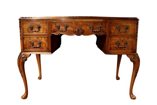 ANTIQUE BURR WALNUT LADIES WRITING DESK WITH LEATHER TOP