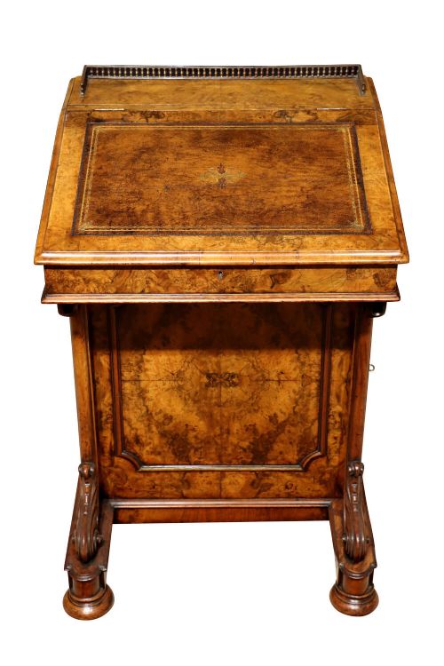 MID19TH CENTURY BURR WALNUT DAVENPORT DESK WITH SATINWOOD INTERIOR CIRCA 1860