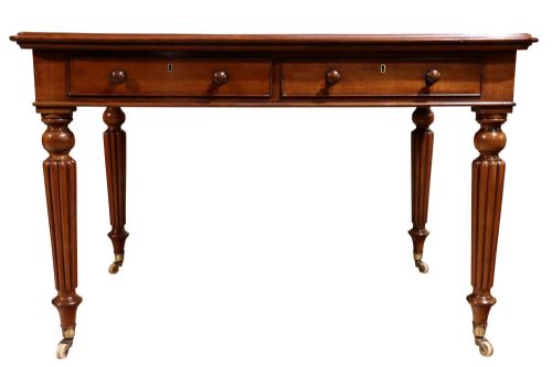 EARLY VICTORIAN MAHOGANY WRITING TABLE WITH TOOLED LEATHER TOP REEDED LEGS C1860